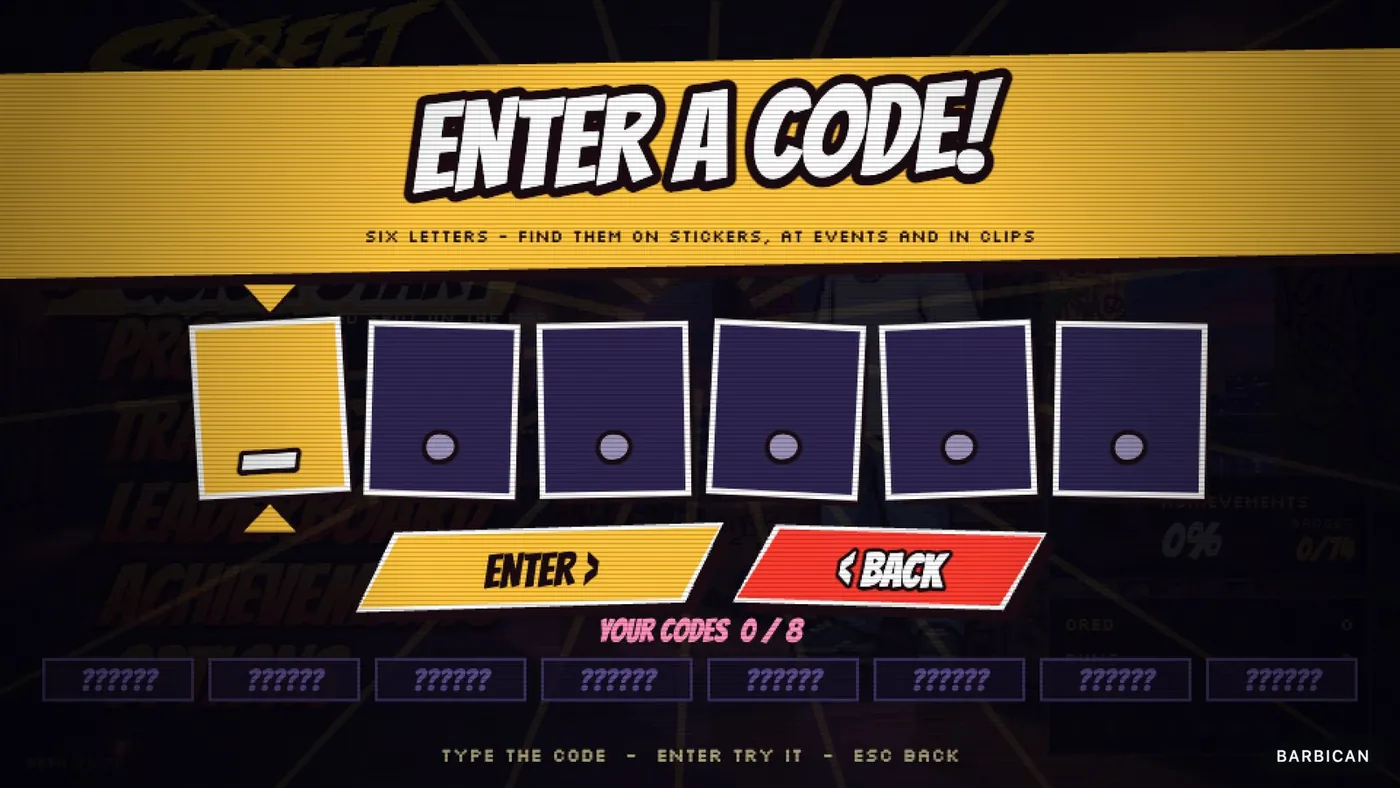 ENTER A CODE in the game