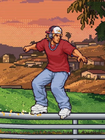 Red tee, denim jeans, white skates