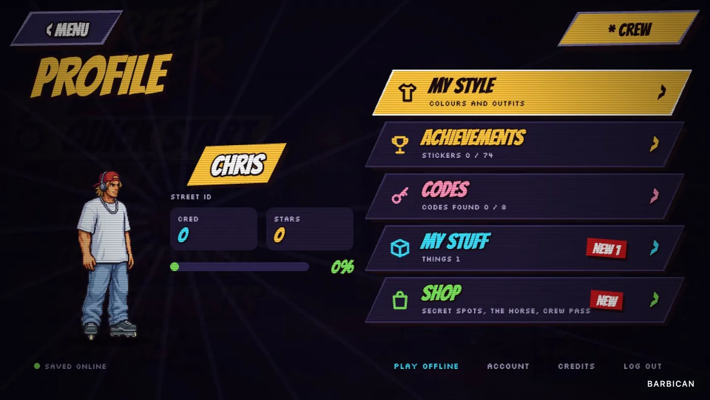 The PROFILE page in the game